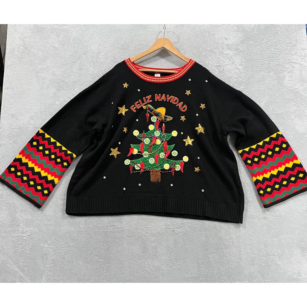 Ugly Christmas Sweater 2X Feliz Navidad Sequin Knit Holiday Winter Ugly Mexico